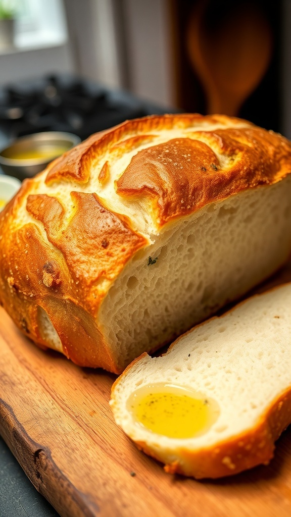 Freshly baked gluten-free artisan bread on a wooden board, sliced to show soft interior, with olive oil and herbs.